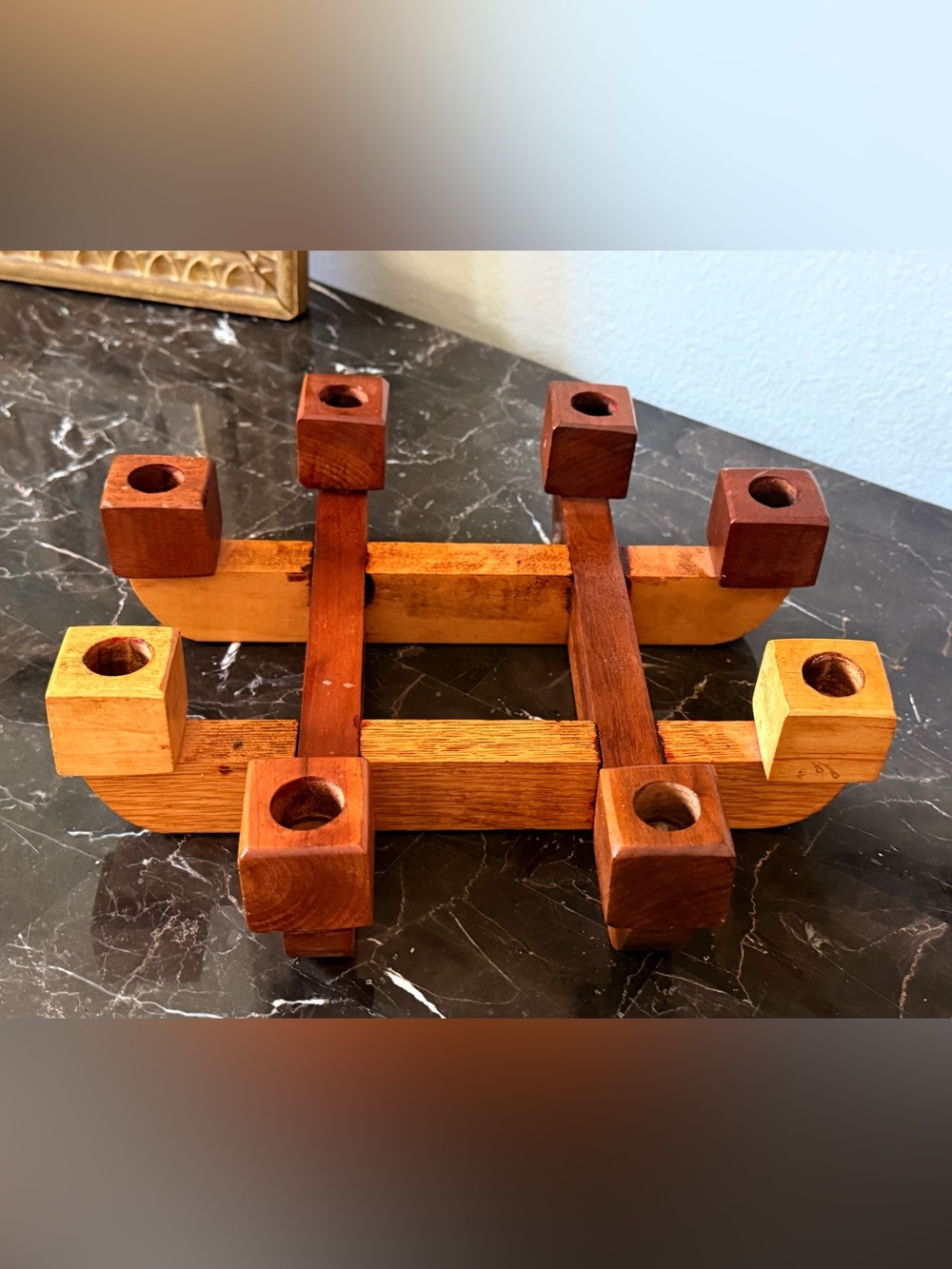 Mid-Century Handmade Wooden Interlocking Candle Holder Natural & Warm Brown.